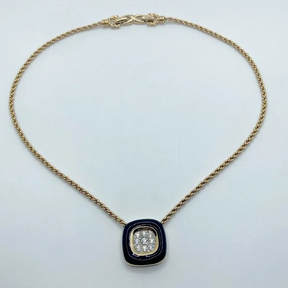 vtg Nina Ricci Black Enamel Rhinestone Square Pendant Gold Tone Necklace 17” - Picture 1 of 8